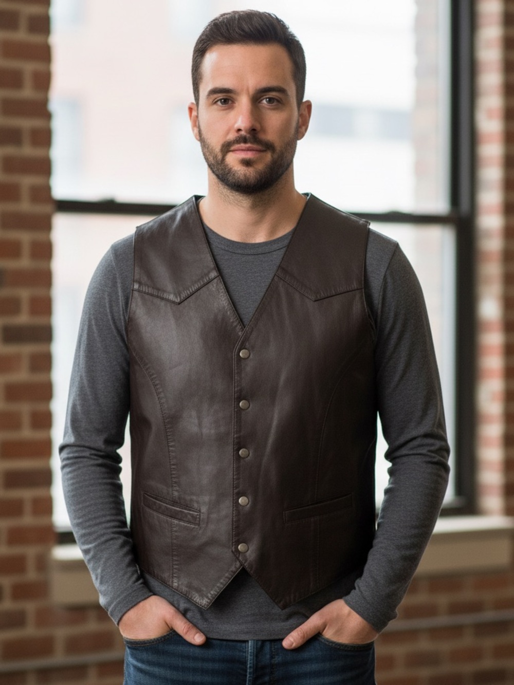Modal Men's Dark Brown Leather Vest Size L